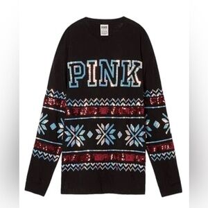 Victorias Secret PINK Holiday Sequin Long Sleeve Crew Neck Shirt Top Small